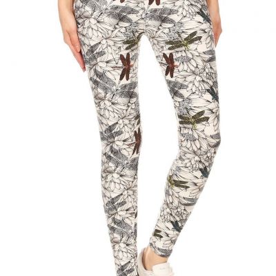 Women's Yoga Style Banded Lined Dragonfly Print Leggings (OS)